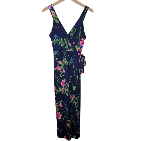 Le Lis | Navy Green Pink Floral Sleeveless Faux Wrap Maxi Dress Size Large - Picture 1 of 7